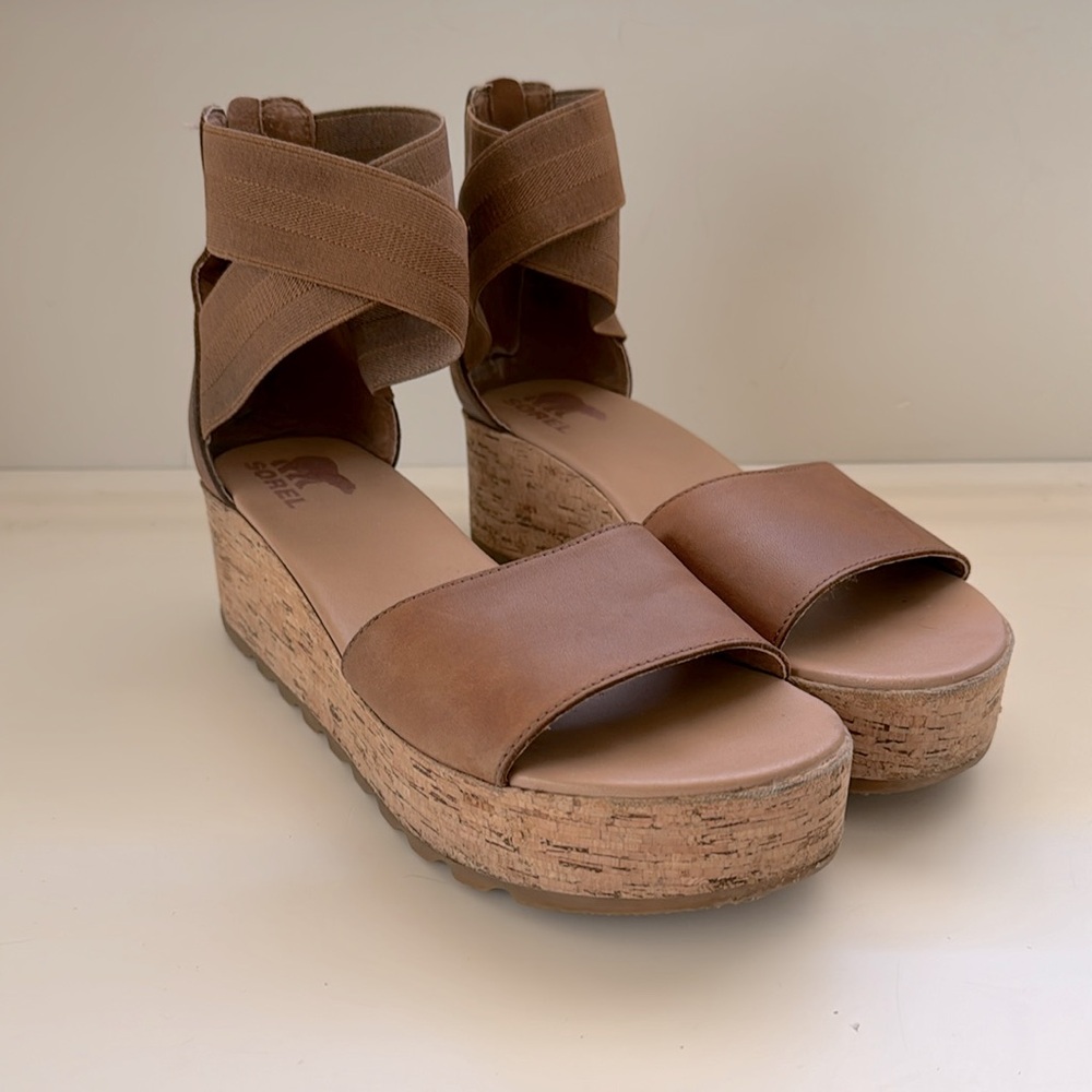 Sorel Cameron Platform Leather Wedge Ankle Strap Tan Sandals size 10 - Picture 2 of 7